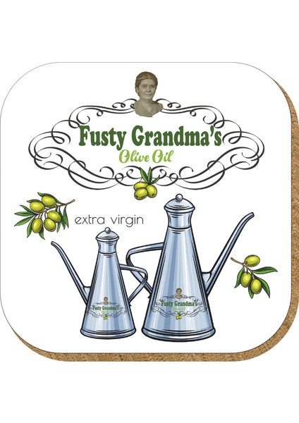 Pictor Gift Hediyelik Metal Mantar Tabanlı Fusty Grandma's Olive Oil Zeytinyağı 4'lü Bardak Altlığı Seti