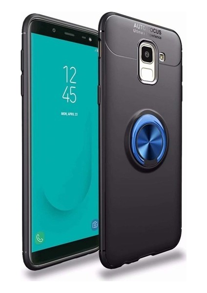 Samsung Galaxy J6 Kılıf Ultra Korumalı Yüzüklü Manyetik Ravel Silikon Siyah - Mavi