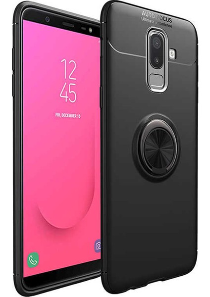 Samsung Galaxy J8 Kılıf Ultra Korumalı Yüzüklü Manyetik Ravel Silikon Siyah