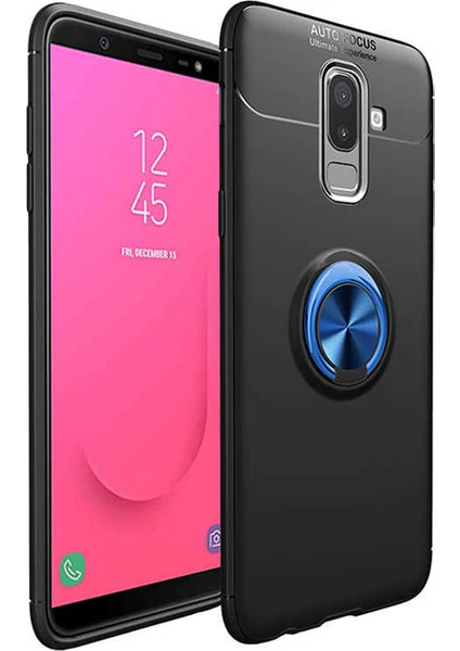 Tekno Grup Samsung Galaxy J8 Kılıf Ultra Korumalı Yüzüklü Manyetik Ravel Silikon Siyah - Mavi