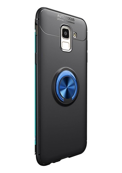 Samsung Galaxy A6 Plus 2018 Kılıf Ultra Korumalı Yüzüklü Manyetik Ravel Silikon Siyah - Mavi