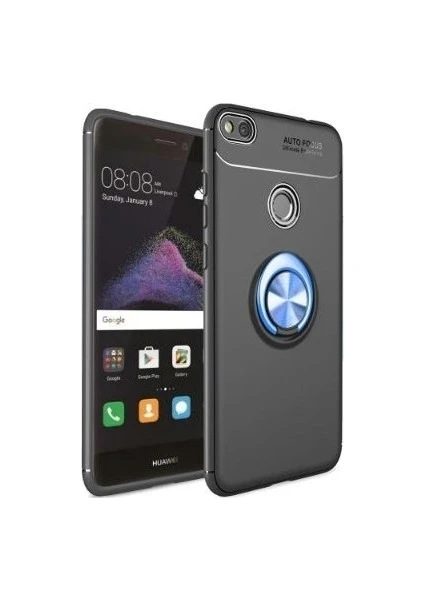 Tekno Grup Huawei P9 Lite 2017 Kılıf Ultra Korumalı Yüzüklü Manyetik Ravel Silikon Siyah - Mavi