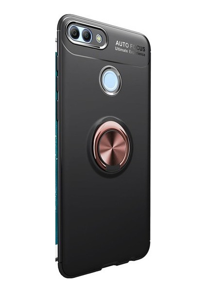 Huawei Y7 2018 Kılıf Ultra Korumalı Yüzüklü Manyetik Ravel Silikon Siyah - Rose