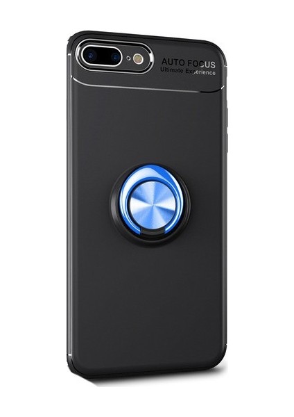 Apple iPhone 6/6S Kılıf Ultra Korumalı Yüzüklü Manyetik Ravel Silikon Siyah - Mavi + Cam Ekran Koruyucu