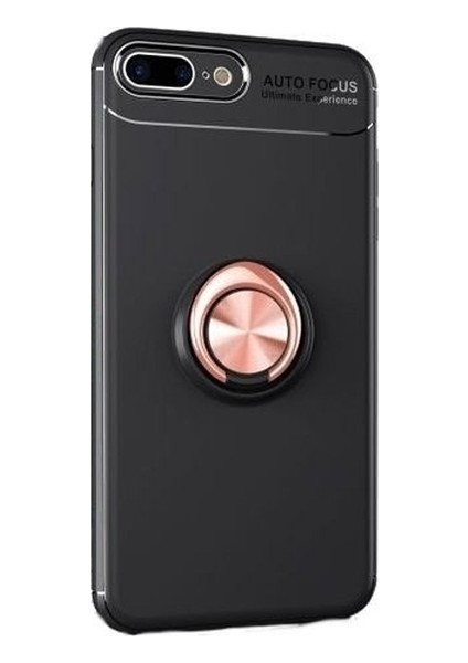 Apple iPhone 6 Plus Kılıf Ultra Korumalı Yüzüklü Manyetik Ravel Silikon Siyah - Rose + Cam Ekran Koruyucu