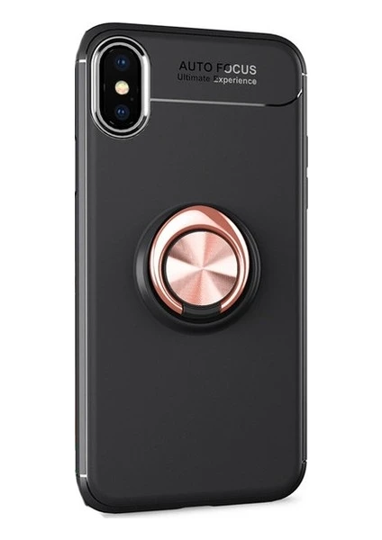 Tekno Grup Apple iPhone XR Kılıf Ultra Korumalı Yüzüklü Manyetik Ravel Silikon Siyah - Rose + Cam Ekran Koruyucu