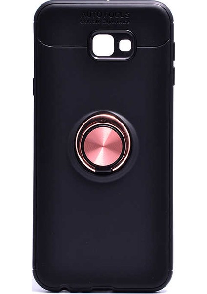Samsung Galaxy J4 Plus Kılıf Ultra Korumalı Yüzüklü Manyetik Ravel Silikon Siyah - Rose + Cam Ekran Koruyucu