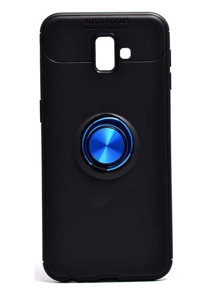 Samsung Galaxy J6 Plus Kılıf Ultra Korumalı Yüzüklü Manyetik Ravel Silikon Siyah - Mavi + Cam Ekran Koruyucu