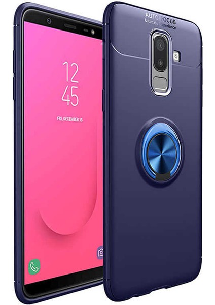 Samsung Galaxy J8 Kılıf Ultra Korumalı Yüzüklü Manyetik Ravel Silikon Lacivert + Cam Ekran Koruyucu