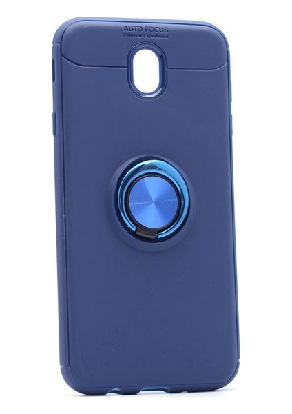 Samsung Galaxy J7 Pro Kılıf Ultra Korumalı Yüzüklü Manyetik Ravel Silikon Lacivert + Cam Ekran Koruyucu