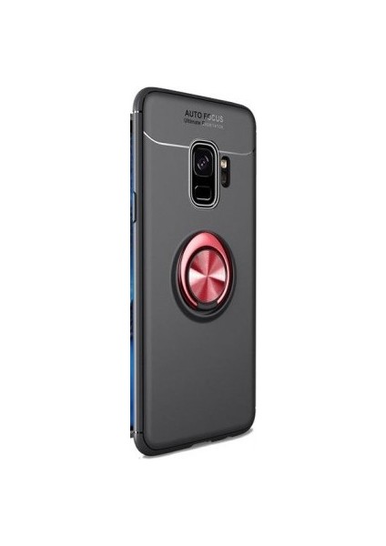 Samsung Galaxy A6 Plus 2018 Kılıf Ultra Korumalı Yüzüklü Manyetik Ravel Silikon Siyah - Kırmızı + Cam Ekran Koruyucu