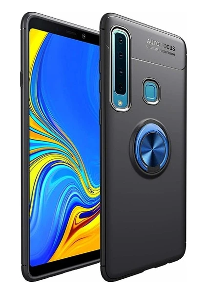 Tekno Grup Samsung Galaxy A9 2018 Kılıf Ultra Korumalı Yüzüklü Manyetik Ravel Silikon Siyah - Mavi + Cam Ekran Koruyucu