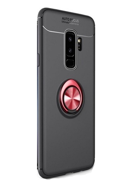 Samsung Galaxy S9 Kılıf Ultra Korumalı Yüzüklü Manyetik Ravel Silikon Siyah - Kırmızı + Tam Kaplayan 3D Cam Ekran Koruyucu