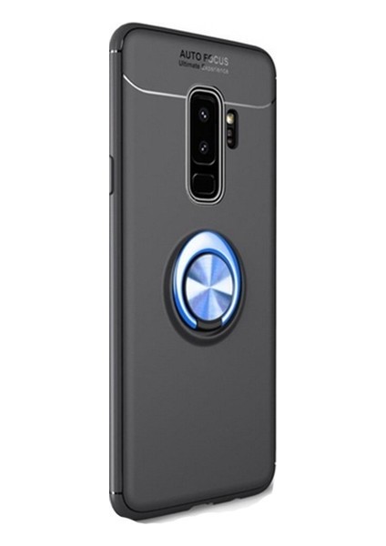 Samsung Galaxy S9 Kılıf Ultra Korumalı Yüzüklü Manyetik Ravel Silikon Siyah - Mavi + Tam Kaplayan 3D Cam Ekran Koruyucu