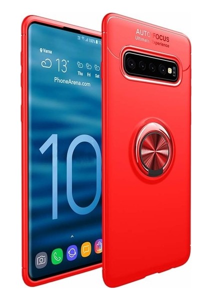 Samsung Galaxy S10 Kılıf Ultra Korumalı Yüzüklü Manyetik Ravel Silikon Kırmızı + Tam Kaplayan 3D Cam Ekran Koruyucu