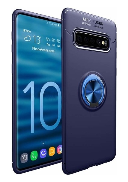 Samsung Galaxy S10 Kılıf Ultra Korumalı Yüzüklü Manyetik Ravel Silikon Lacivert + Tam Kaplayan 3D Cam Ekran Koruyucu