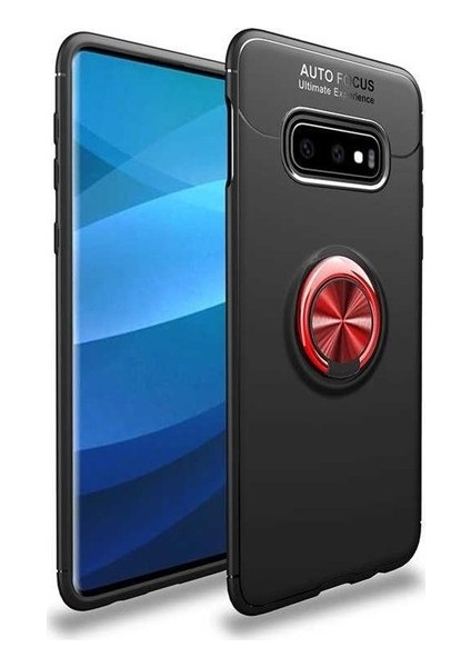 Samsung Galaxy S10E Kılıf Ultra Korumalı Yüzüklü Manyetik Ravel Silikon Siyah - Kırmızı + Tam Kaplayan 3D Cam Ekran Koruyucu