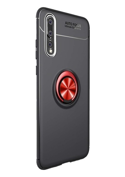 Huawei P20 Pro Kılıf Ultra Korumalı Yüzüklü Manyetik Ravel Silikon Siyah - Kırmızı + Cam Ekran Koruyucu