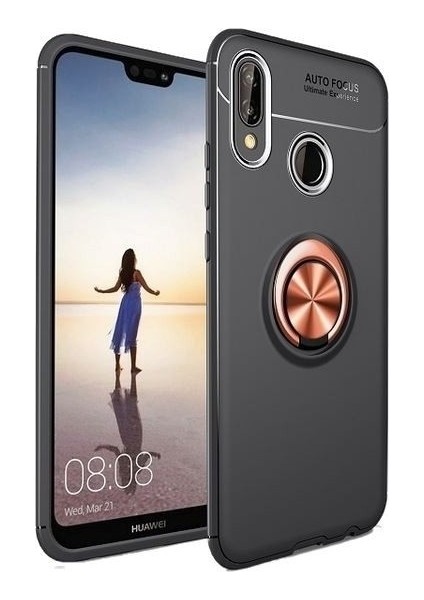 Huawei Y6 2019 Kılıf Ultra Korumalı Yüzüklü Manyetik Ravel Silikon Siyah - Rose + Cam Ekran Koruyucu