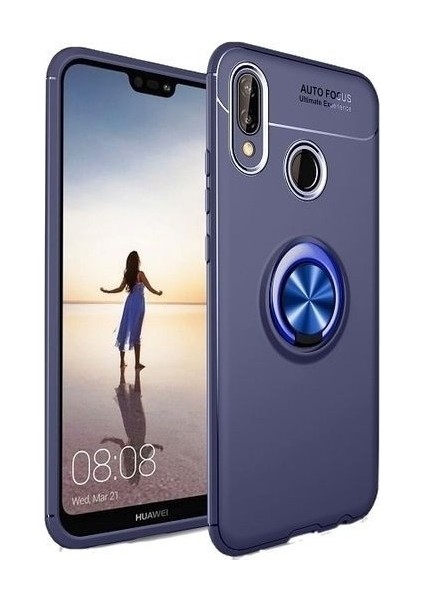 Huawei Y6 2019 Kılıf Ultra Korumalı Yüzüklü Manyetik Ravel Silikon Lacivert + Cam Ekran Koruyucu