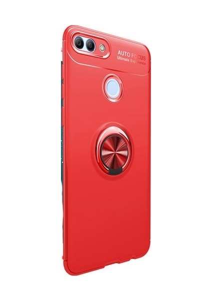 Huawei Y7 2018 Kılıf Ultra Korumalı Yüzüklü Manyetik Ravel Silikon Kırmızı + Cam Ekran Koruyucu