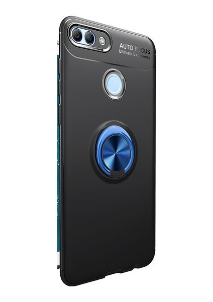 Huawei Y7 2018 Kılıf Ultra Korumalı Yüzüklü Manyetik Ravel Silikon Siyah - Mavi + Cam Ekran Koruyucu