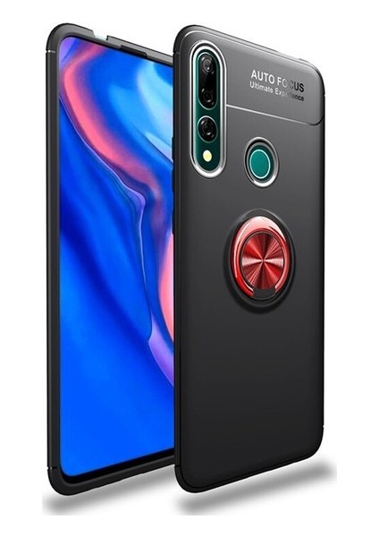 Huawei Y9 Prime 2019 Kılıf Ultra Korumalı Yüzüklü Manyetik Ravel Silikon Siyah - Kırmızı + Cam Ekran Koruyucu