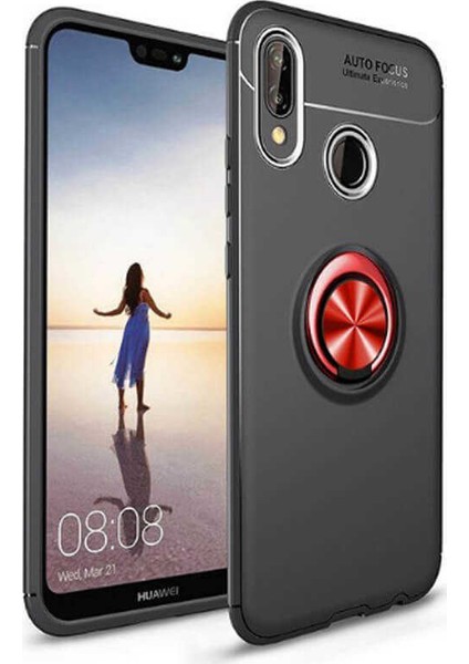 Huawei P Smart 2019 Kılıf Ultra Korumalı Yüzüklü Manyetik Ravel Silikon Siyah - Kırmızı + Cam Ekran Koruyucu