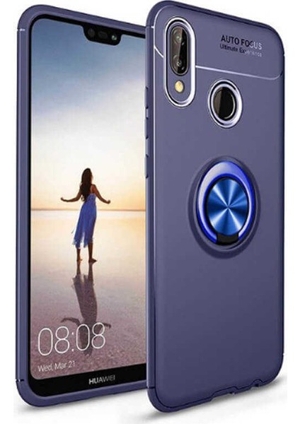 Huawei P Smart 2019 Kılıf Ultra Korumalı Yüzüklü Manyetik Ravel Silikon Lacivert + Cam Ekran Koruyucu