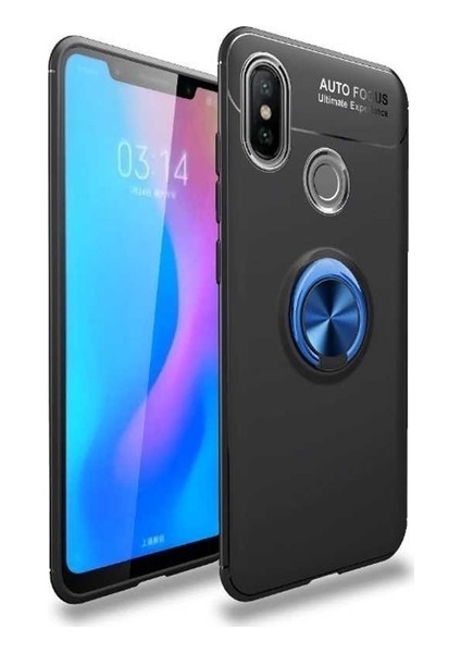 Xiaomi Redmi Note 7 Kılıf Ultra Korumalı Yüzüklü Manyetik Ravel Silikon Siyah - Mavi + Cam Ekran Koruyucu