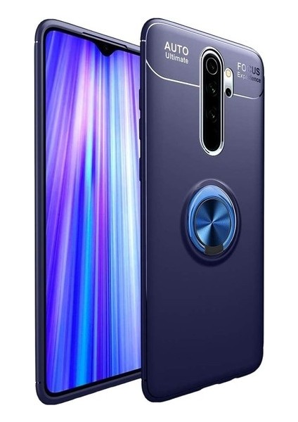 Xiaomi Redmi Note 8 Pro Kılıf Ultra Korumalı Yüzüklü Manyetik Ravel Silikon Lacivert + Cam Ekran Koruyucu