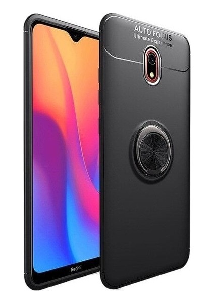 Xiaomi Redmi 8A Kılıf Ultra Korumalı Yüzüklü Manyetik Ravel Silikon Siyah + Cam Ekran Koruyucu