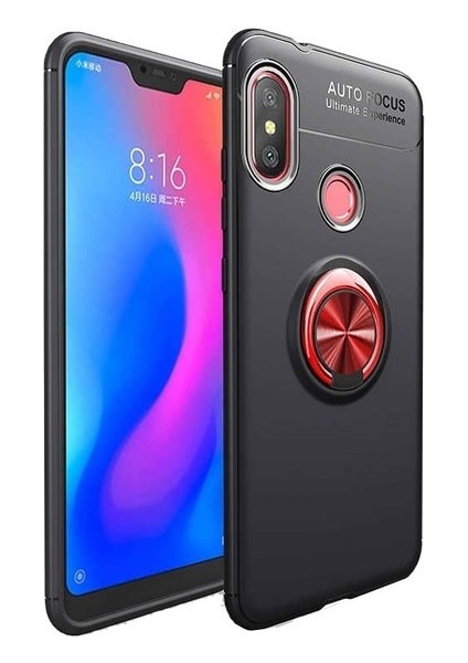 Xiaomi Redmi Note 6 Pro Kılıf Ultra Korumalı Yüzüklü Manyetik Ravel Silikon Siyah - Kırmızı + Cam Ekran Koruyucu