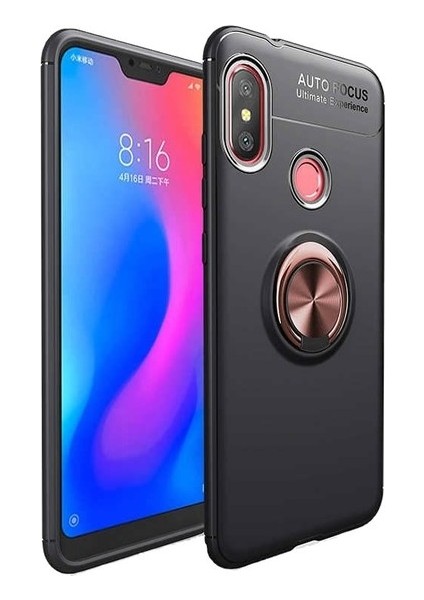 Tekno Grup Xiaomi Redmi Note 6 Pro Kılıf Ultra Korumalı Yüzüklü Manyetik Ravel Silikon Siyah - Rose + Cam Ekran Koruyucu