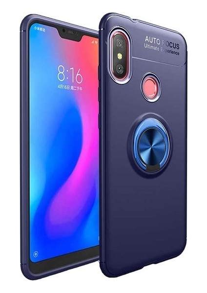 Xiaomi Redmi Note 6 Pro Kılıf Ultra Korumalı Yüzüklü Manyetik Ravel Silikon Lacivert + Cam Ekran Koruyucu