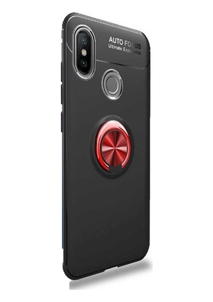 Xiaomi Mi Max 3 Kılıf Ultra Korumalı Yüzüklü Manyetik Ravel Silikon Siyah - Kırmızı + Cam Ekran Koruyucu