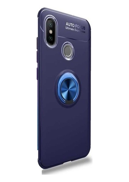 Xiaomi Mi Max 3 Kılıf Ultra Korumalı Yüzüklü Manyetik Ravel Silikon Lacivert + Cam Ekran Koruyucu