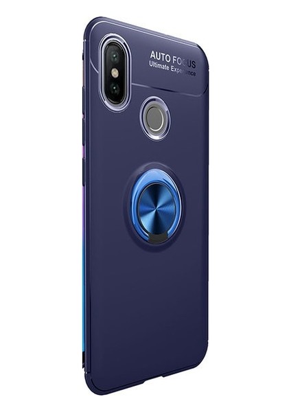 Xiaomi Mi 8 Kılıf Ultra Korumalı Yüzüklü Manyetik Ravel Silikon Lacivert + Cam Ekran Koruyucu