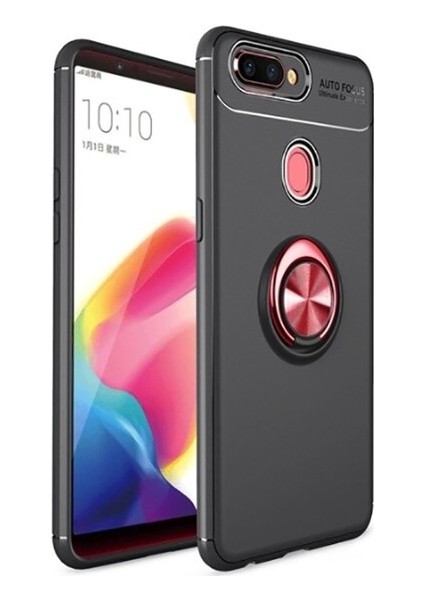 Oppo A5/A9 2020 Kılıf Ultra Korumalı Yüzüklü Manyetik Ravel Silikon Siyah - Kırmızı + Cam Ekran Koruyucu