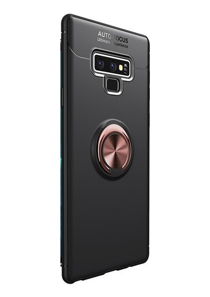 Samsung Galaxy Note 9 Kılıf Ultra Korumalı Yüzüklü Manyetik Ravel Silikon Siyah - Rose + Tam Kaplayan 6D Polimer Nano Ekran Koruyucu