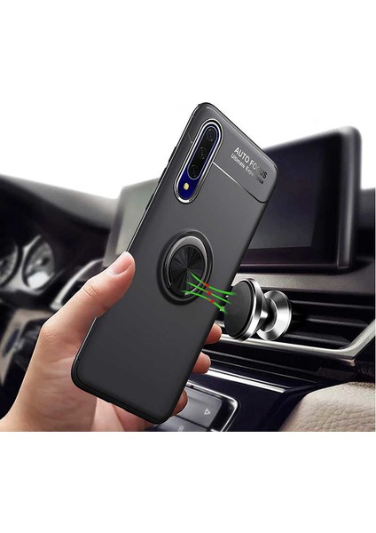 Huawei Mate 20 Pro Kılıf Ultra Korumalı Yüzüklü Manyetik Ravel Silikon Siyah - Kırmızı + Tam Kaplayan 6D Polimer Nano Ekran Koruyucu