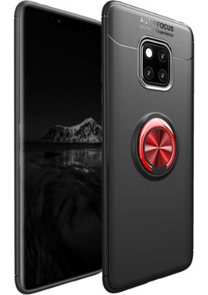 Huawei Mate 20 Pro Kılıf Ultra Korumalı Yüzüklü Manyetik Ravel Silikon Siyah - Kırmızı + Tam Kaplayan 6D Polimer Nano Ekran Koruyucu