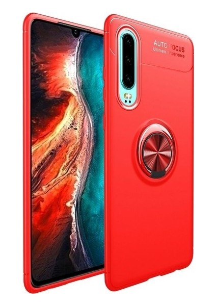 Tekno Grup Huawei P30 Kılıf Ultra Korumalı Yüzüklü Manyetik Ravel Silikon Kırmızı + Nano Ekran Koruyucu