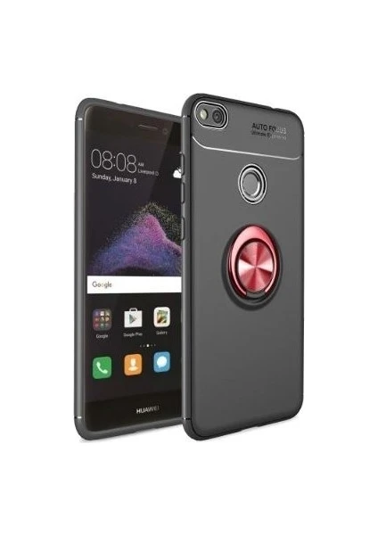 Tekno Grup Huawei P9 Lite 2017 Kılıf Ultra Korumalı Yüzüklü Manyetik Ravel Silikon Siyah - Kırmızı + Nano Ekran Koruyucu