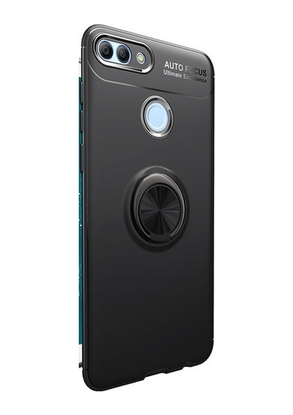 Huawei Y7 2018 Kılıf Ultra Korumalı Yüzüklü Manyetik Ravel Silikon Siyah + Nano Ekran Koruyucu