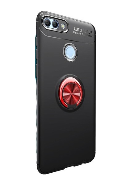 Huawei Y7 2018 Kılıf Ultra Korumalı Yüzüklü Manyetik Ravel Silikon Siyah - Kırmızı + Nano Ekran Koruyucu