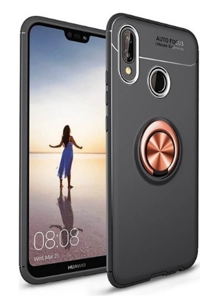Huawei Y7 Prime 2019 Kılıf Ultra Korumalı Yüzüklü Manyetik Ravel Silikon Siyah - Rose + Nano Ekran Koruyucu