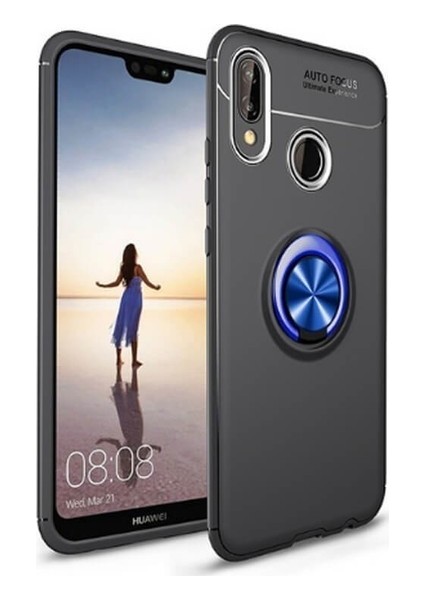 Honor 8A Kılıf Ultra Korumalı Yüzüklü Manyetik Ravel Silikon Siyah - Mavi + Nano Ekran Koruyucu