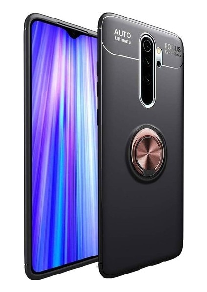 Xiaomi Redmi Note 8 Pro Kılıf Ultra Korumalı Yüzüklü Manyetik Ravel Silikon Siyah - Rose + Nano Ekran Koruyucu