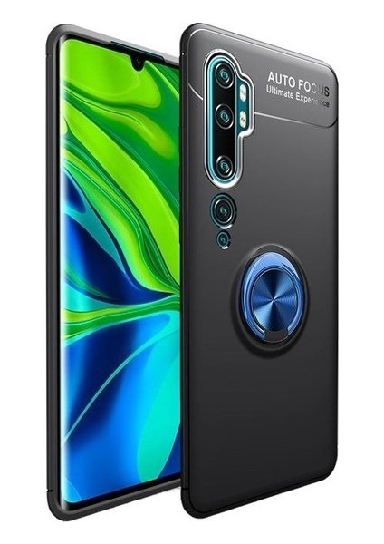 Xiaomi Mi Note 10 Kılıf Ultra Korumalı Yüzüklü Manyetik Ravel Silikon Siyah - Mavi + Tam Kaplayan 6D Polimer Nano Ekran Koruyucu